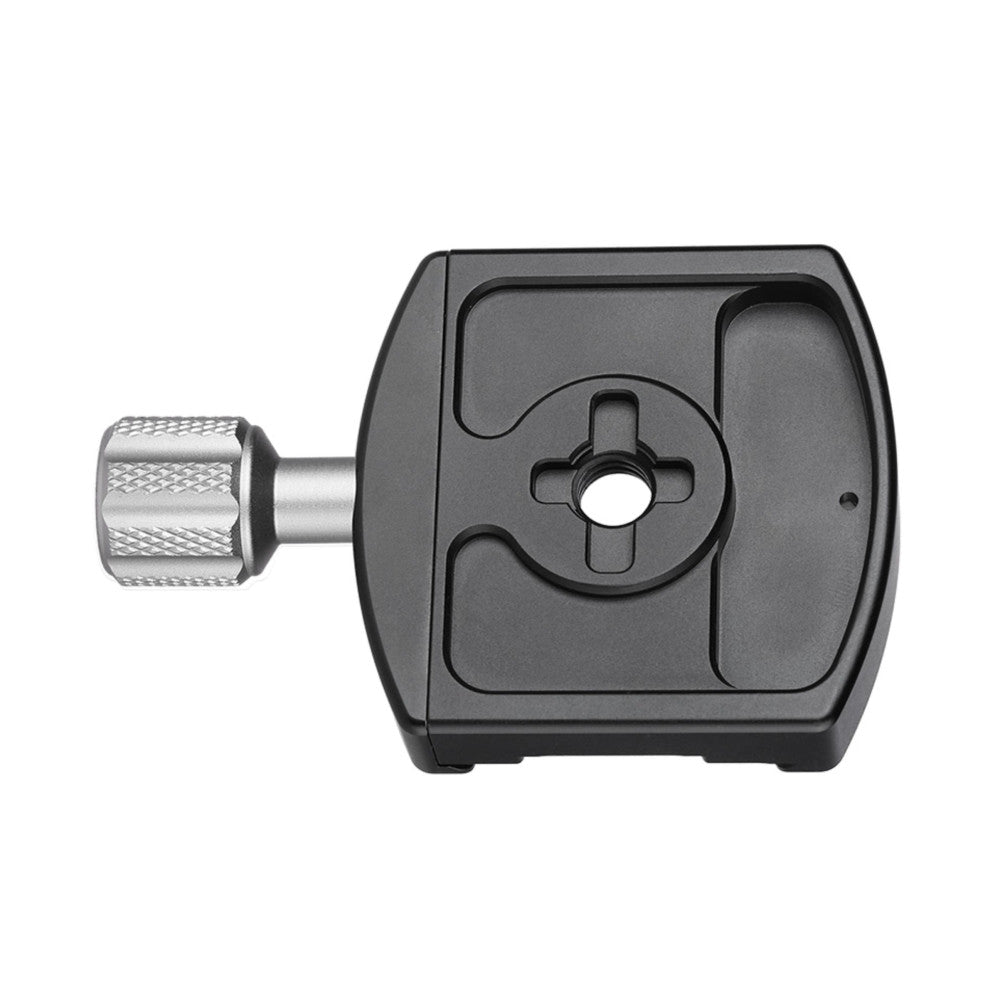 Side view of a black 60mm clamp with metal knurled knob and cross-shaped quick release plate attachment.