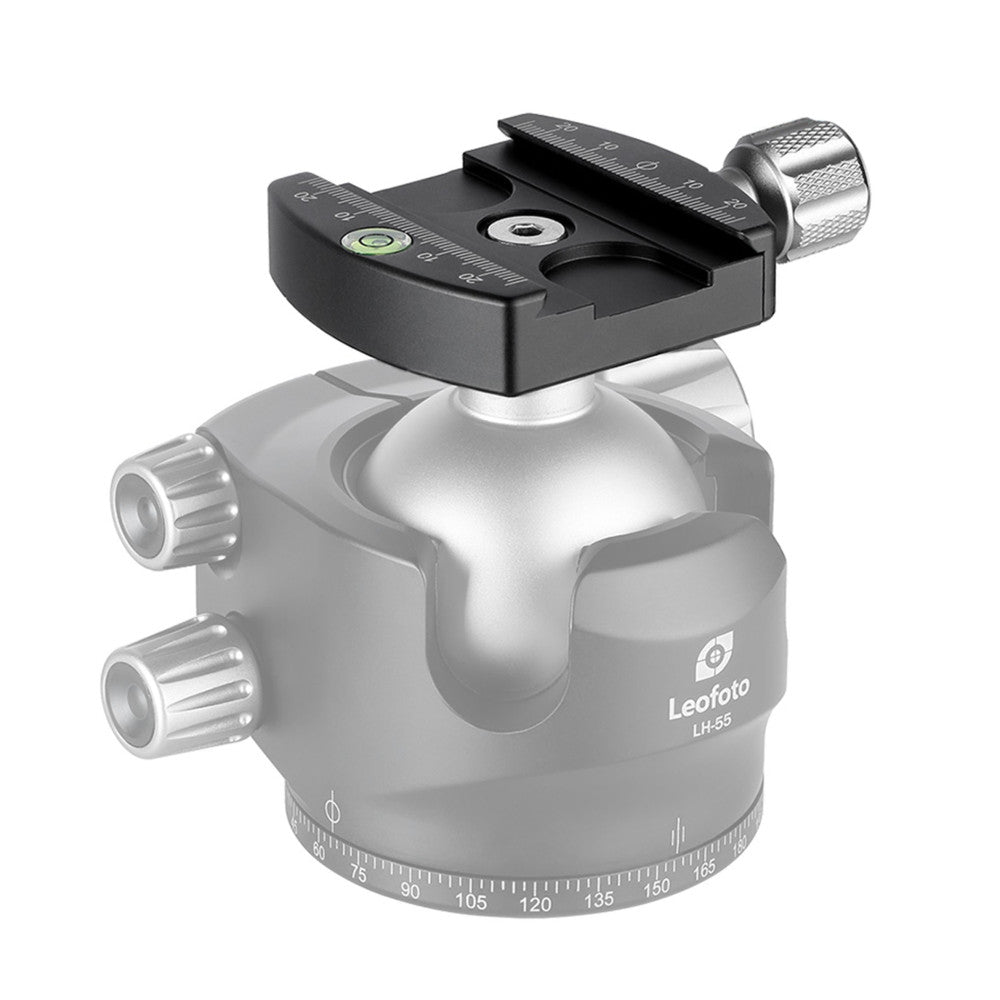 Black quick-release clamp mounted on top of a Leofoto LH-55 ball head, shown in three-quarter view with adjustment knobs and level bubble visible.