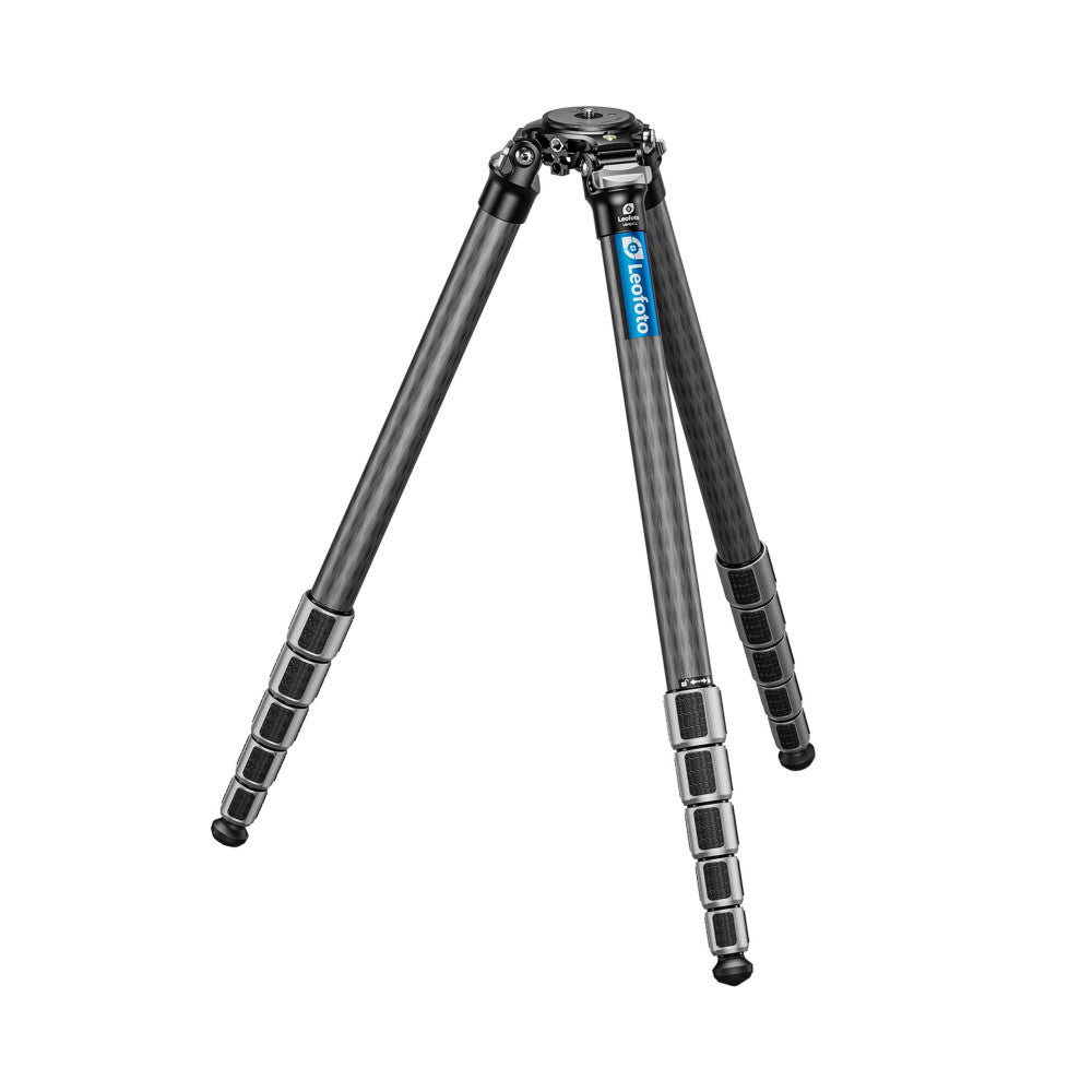 Leofoto LM-404CL carbon fiber tripod displayed fully extended against white background, showing three legs spread wide with ball head at top.