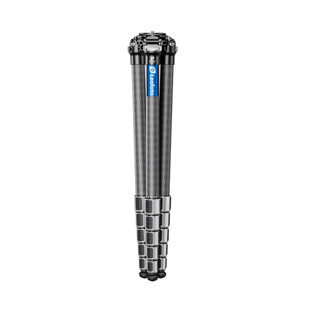 Leofoto LM-404CL carbon fiber tripod shown fully extended against white background, displaying gray wood-grain finish legs and black top head with blue branding label.