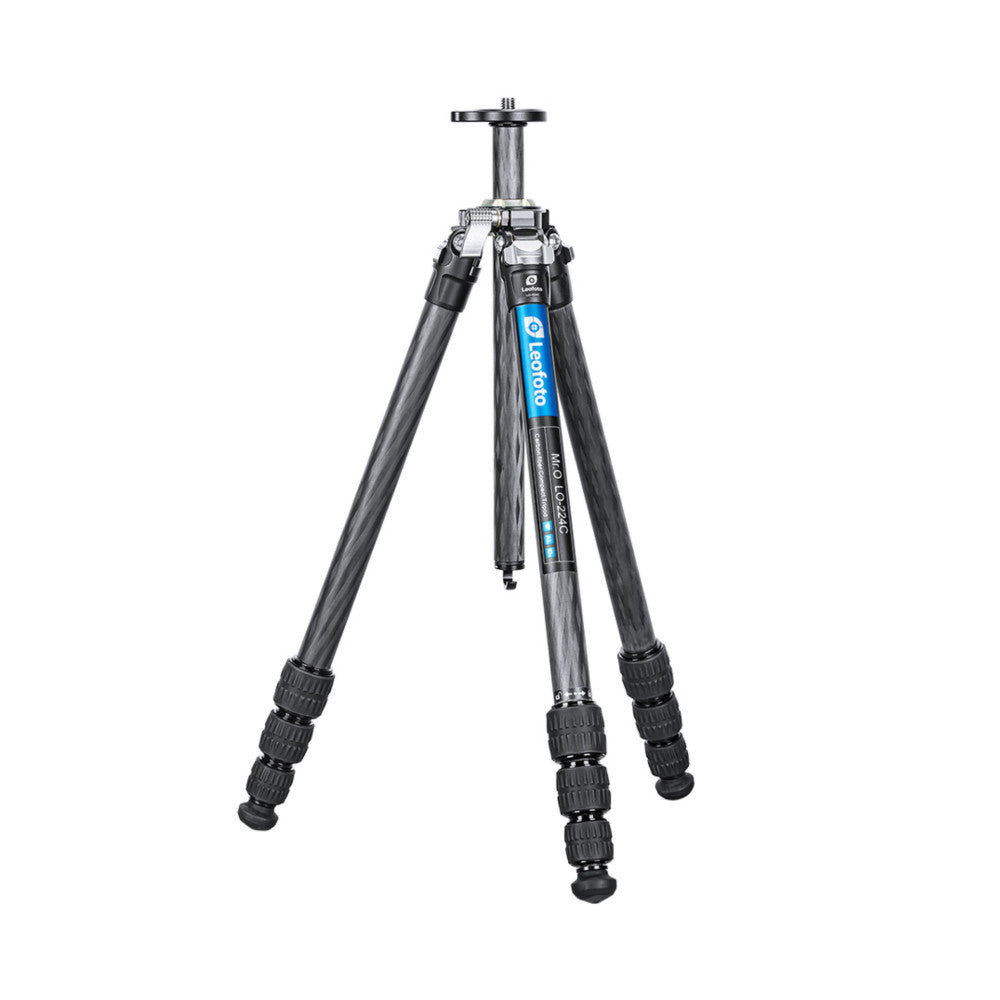 Leofoto carbon fiber tripod displayed from the front, showing extended legs with textured grips and center column with blue branding and leveling mechanism.