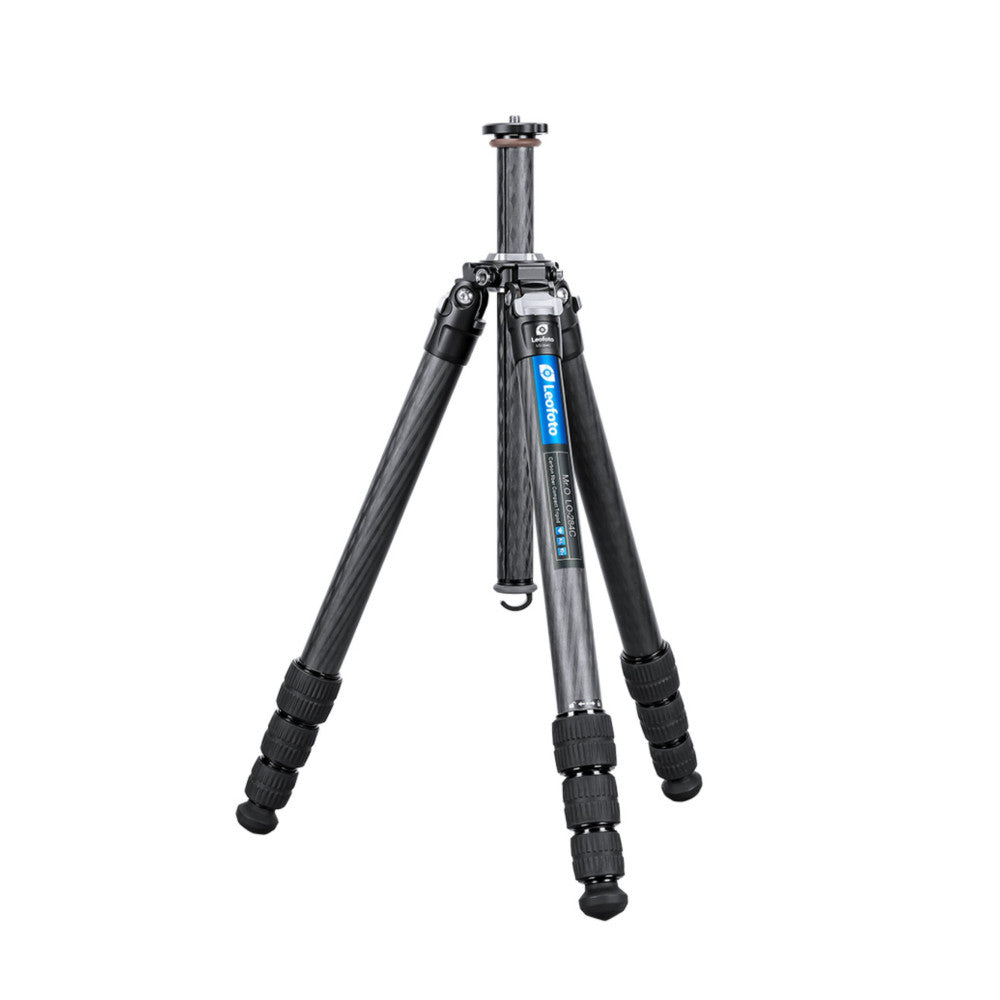 Black carbon fiber tripod with extended legs and central column against white background, shown from front angle.