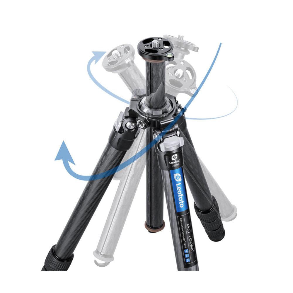 Leofoto carbon fiber tripod with extended center column and ball head shown from front angle with animated arrows indicating pan and tilt movement.