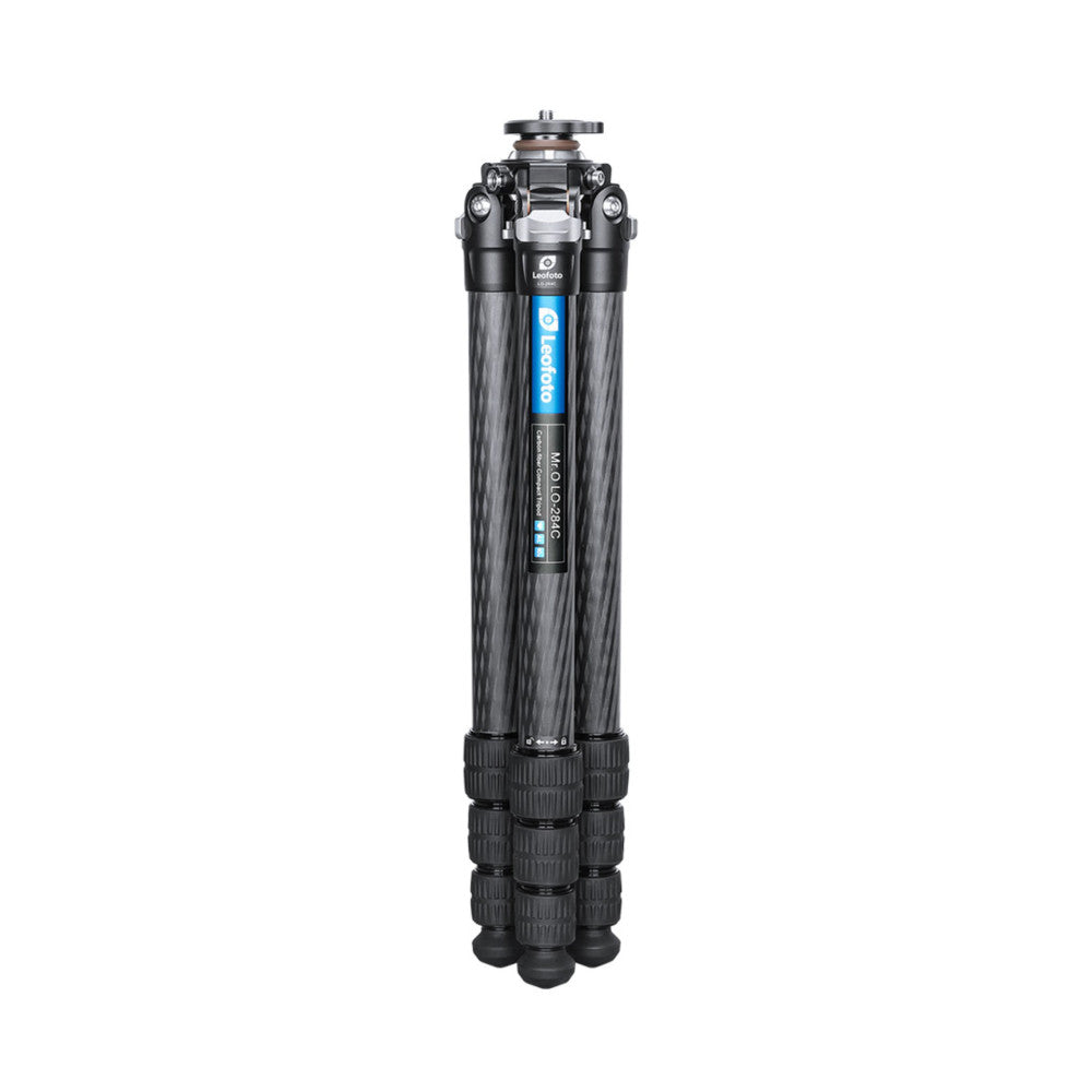 Full-length front view of a black carbon fiber tripod with blue accents, featuring extended legs and a ball head mount on top.