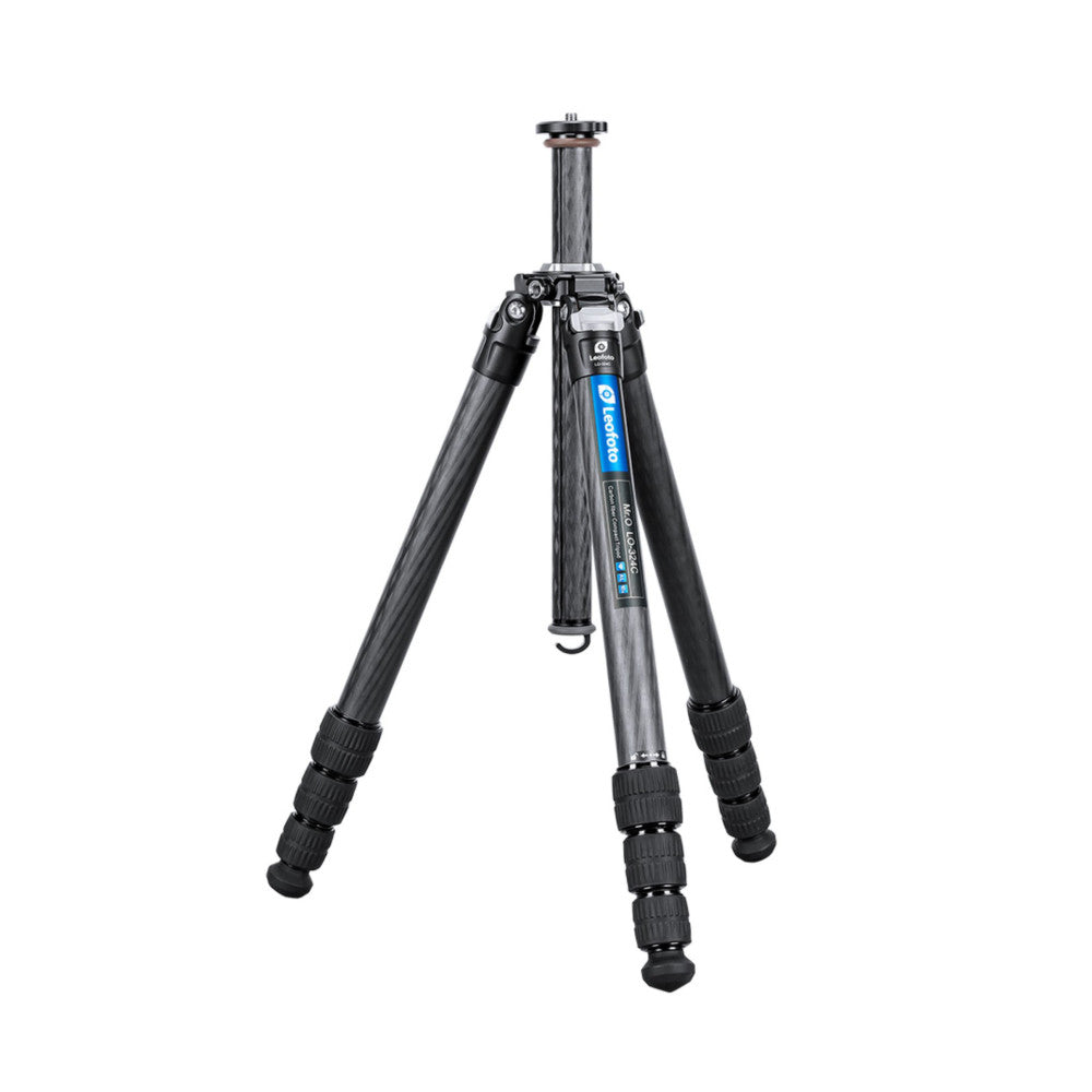 Black carbon fiber tripod with extended legs and central column against white background, front-facing product view.