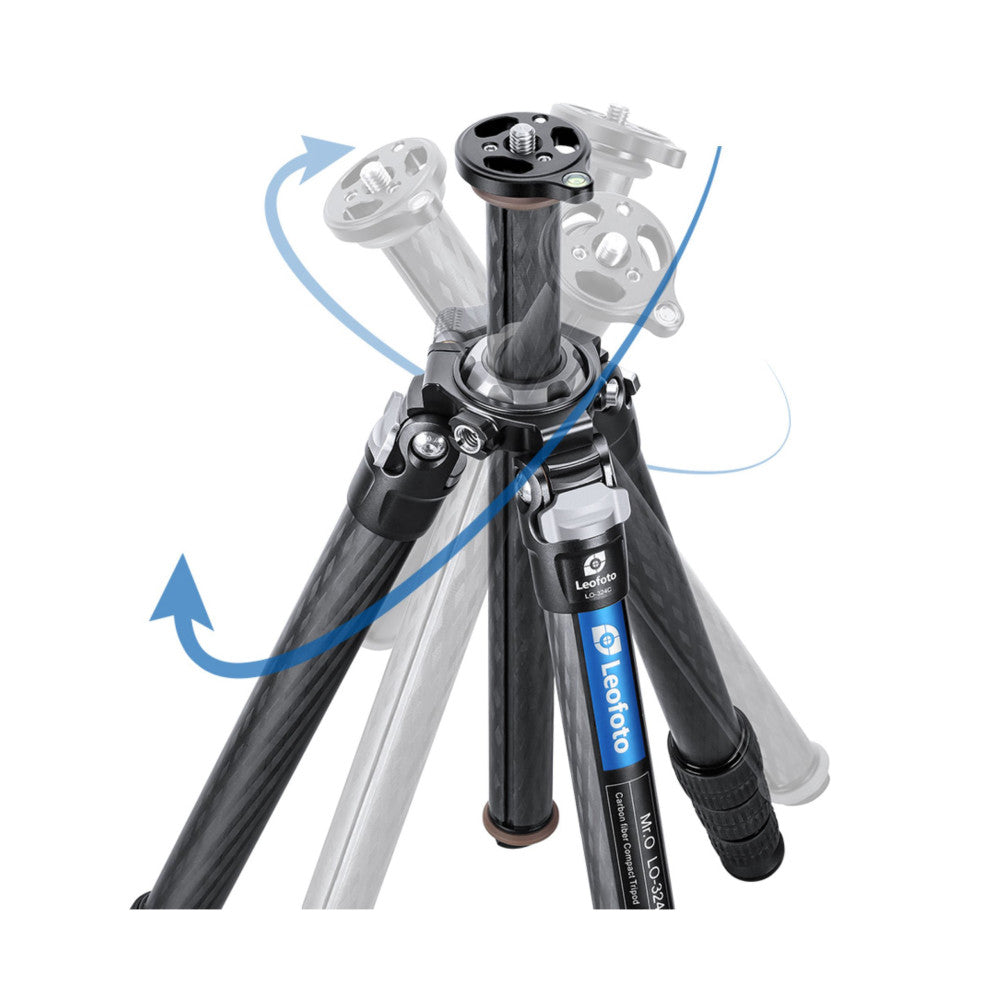 Front view of Leofoto carbon fiber tripod with center column extended, showing ball head and leveling mechanism with blue arrows indicating rotation capability.