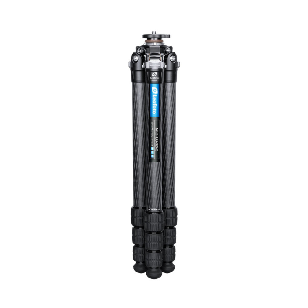 Full-length front view of a black carbon fiber tripod with extended legs and ball head mount on white background.