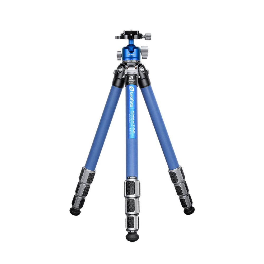 Blue carbon fiber tripod with ball head, shown from front view against white background with legs extended and rubber feet visible.