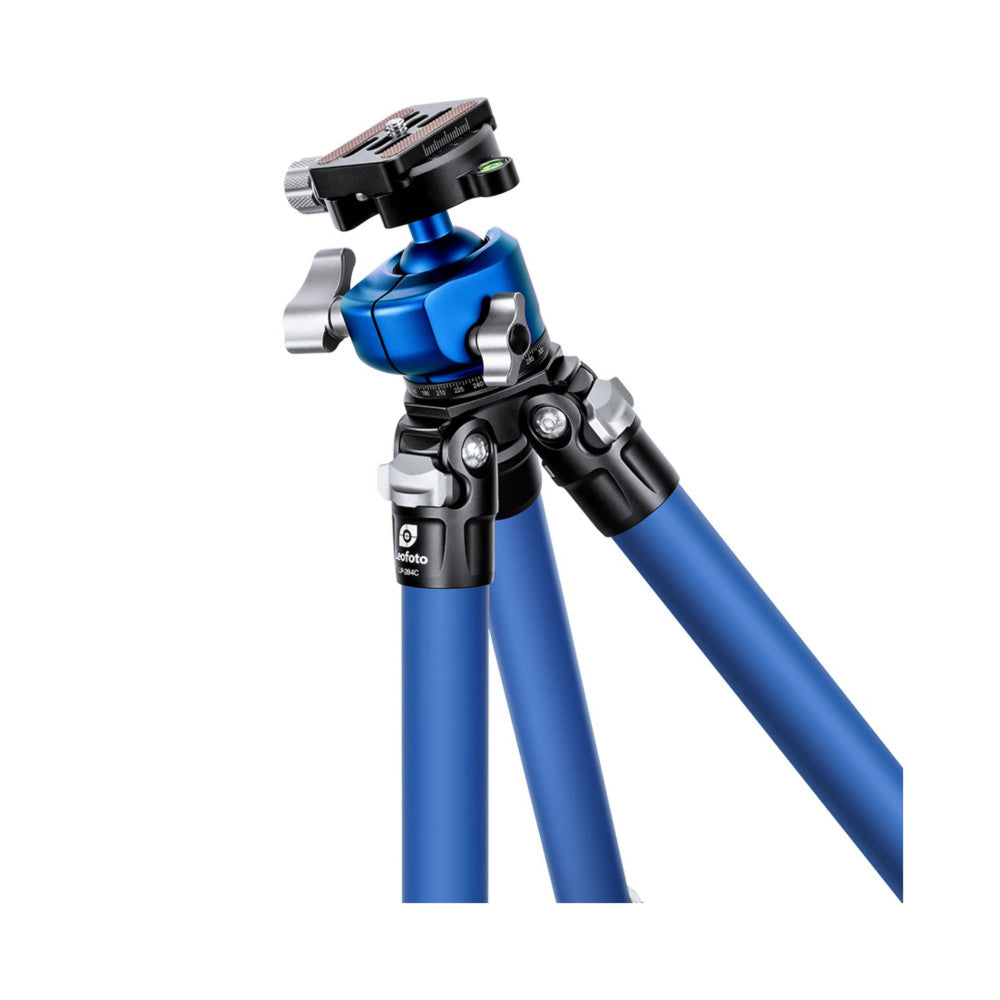 Blue carbon fiber tripod with black ball head and quick-release plate, shown at an angle against white background.