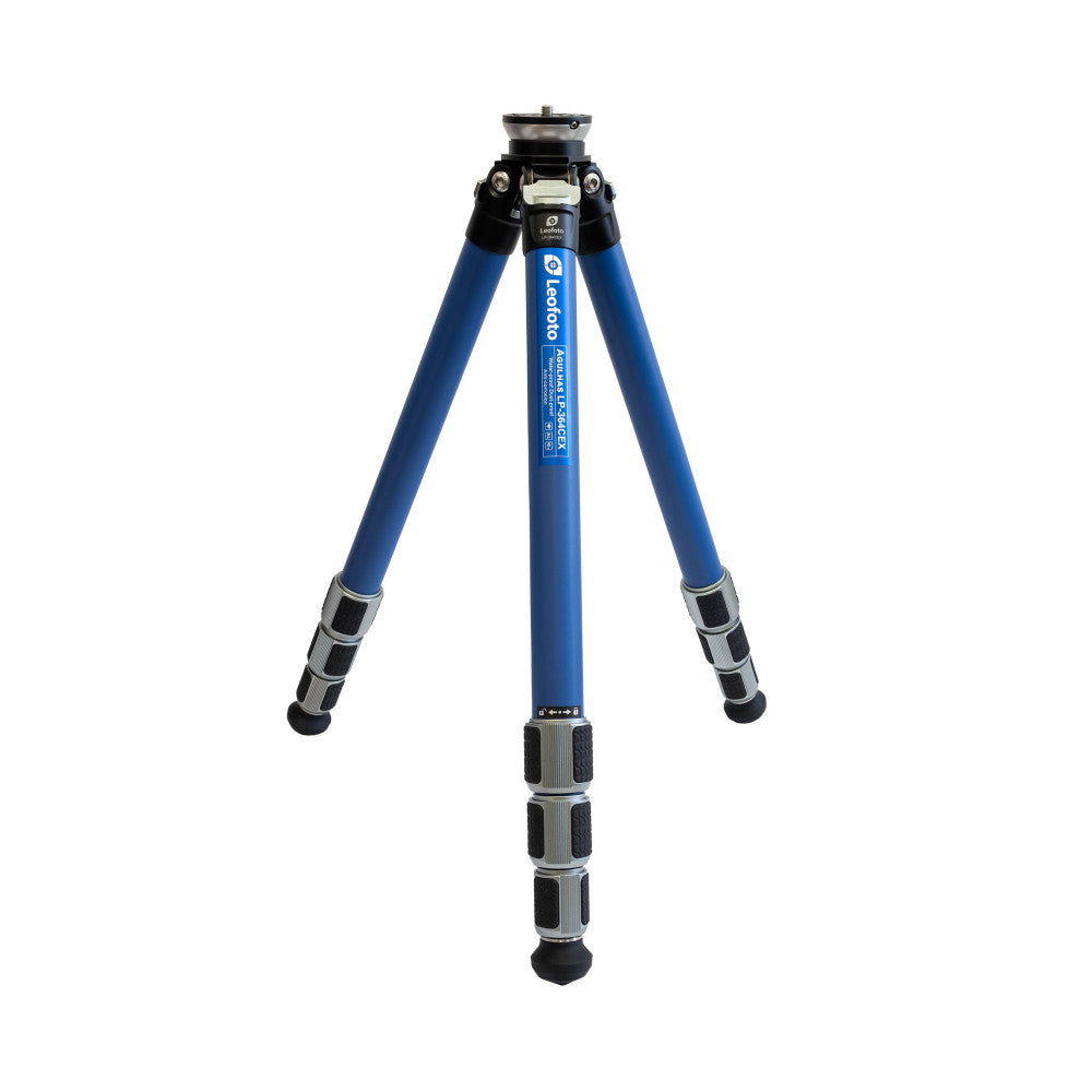 Blue carbon fiber tripod with black legs and ball head, shown fully extended against white background.