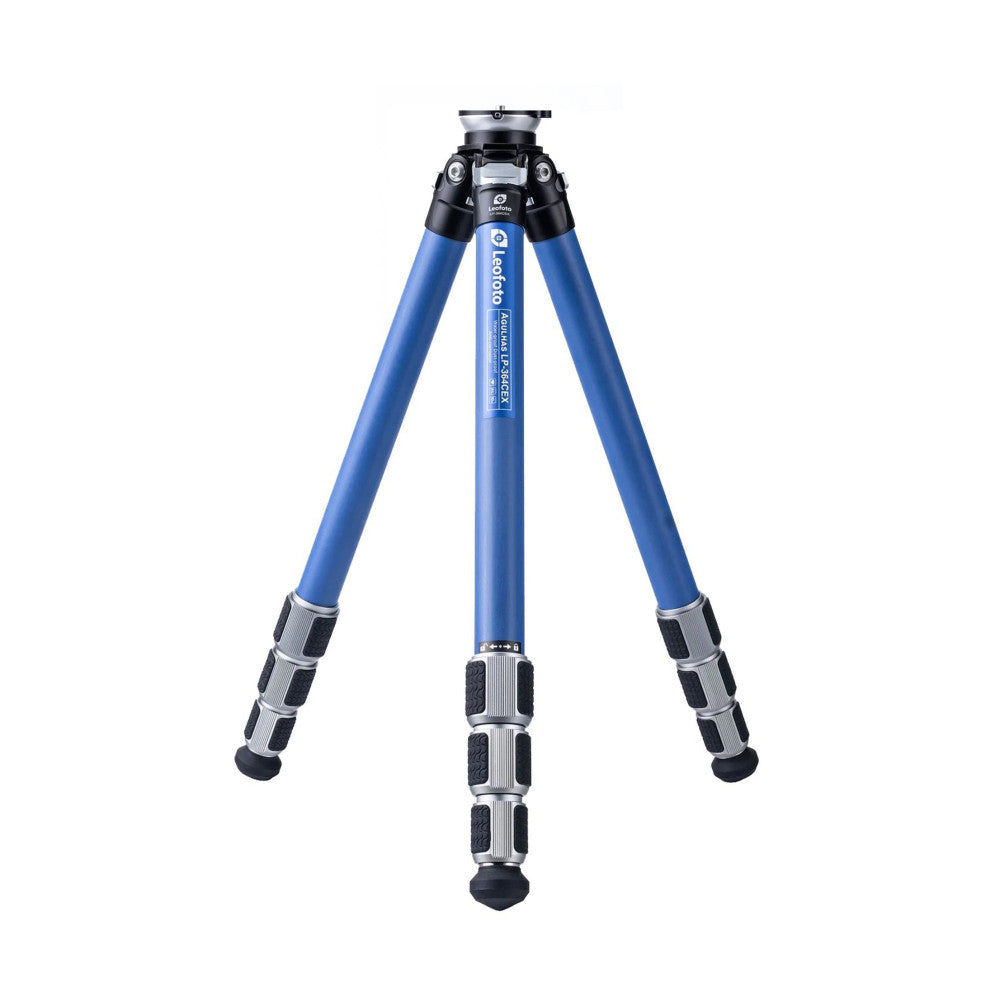 Blue and black carbon fiber tripod with three extended legs and center column, shown against white background in front view.