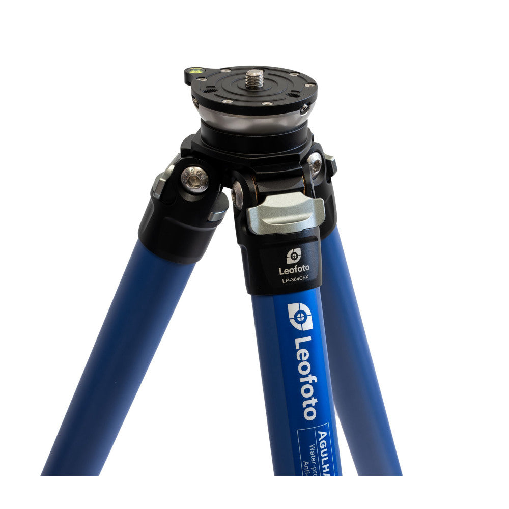 Leofoto LP-364CEX tripod with blue carbon fiber legs and black leveling head against white background, front three-quarter view.