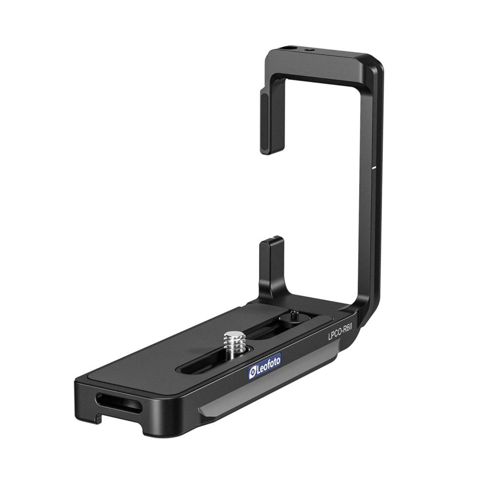 Black L-shaped camera bracket with Leofoto branding, shown from the side angle with mounting plate and vertical grip handle visible.