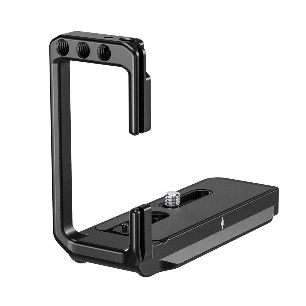 Black L-bracket shown at three-quarter angle displaying vertical mounting plate with three threaded holes and horizontal base plate with adjustment knob.