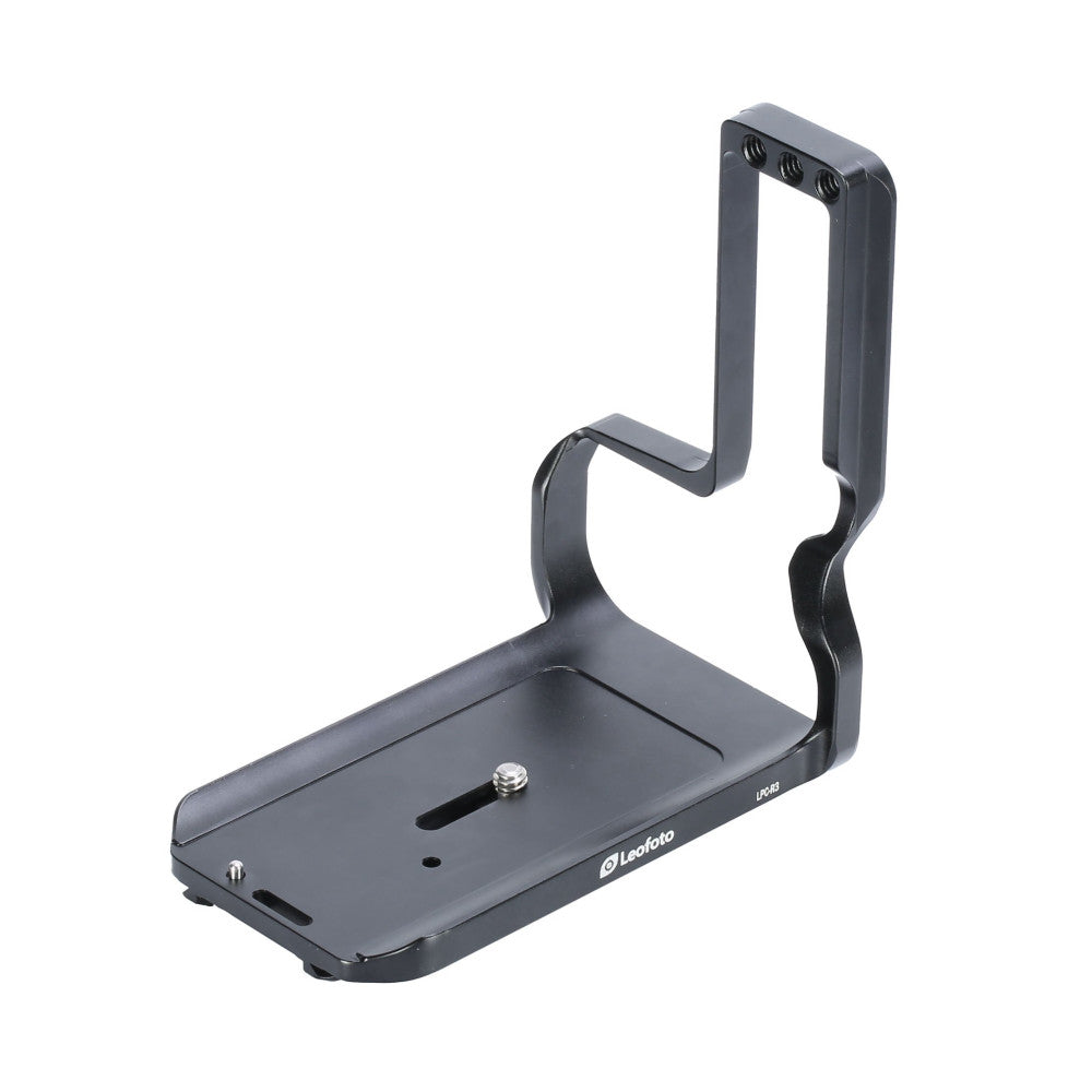 Black metal L-bracket with vertical handle and horizontal base plate, shown from isometric angle against white background.