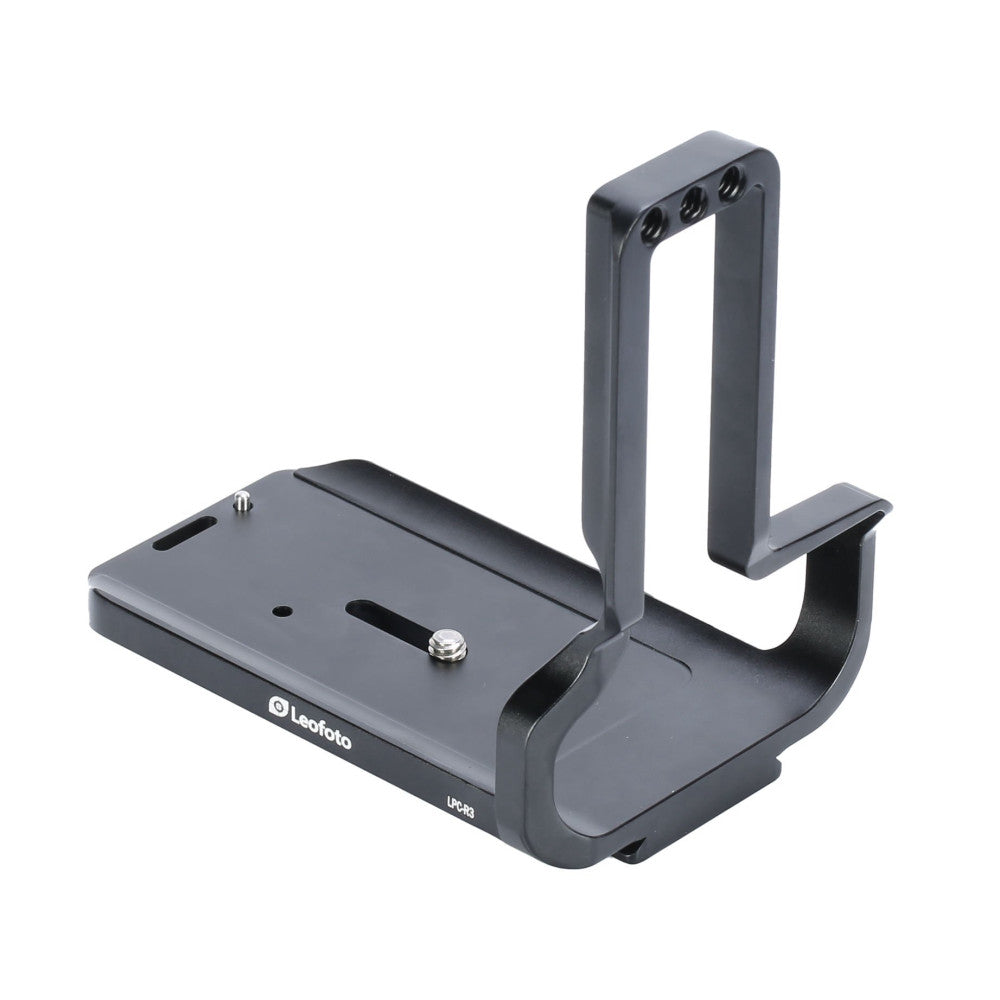 Leofoto LPC-R50V L-bracket shown at an angle, displaying the baseplate with mounting holes and the vertical arm with attachment points.