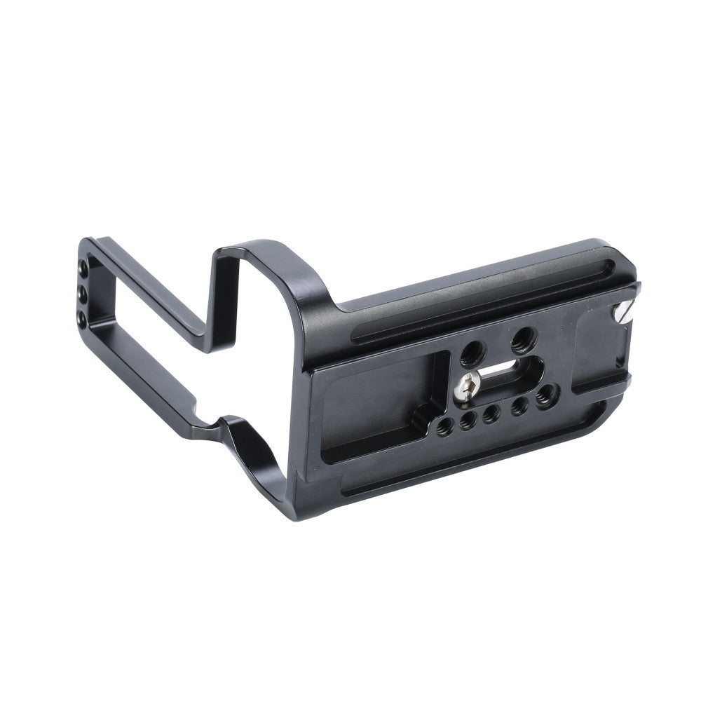 Black L-bracket shown from angled side view, displaying mounting plate with multiple threaded holes and quick-release mechanism.