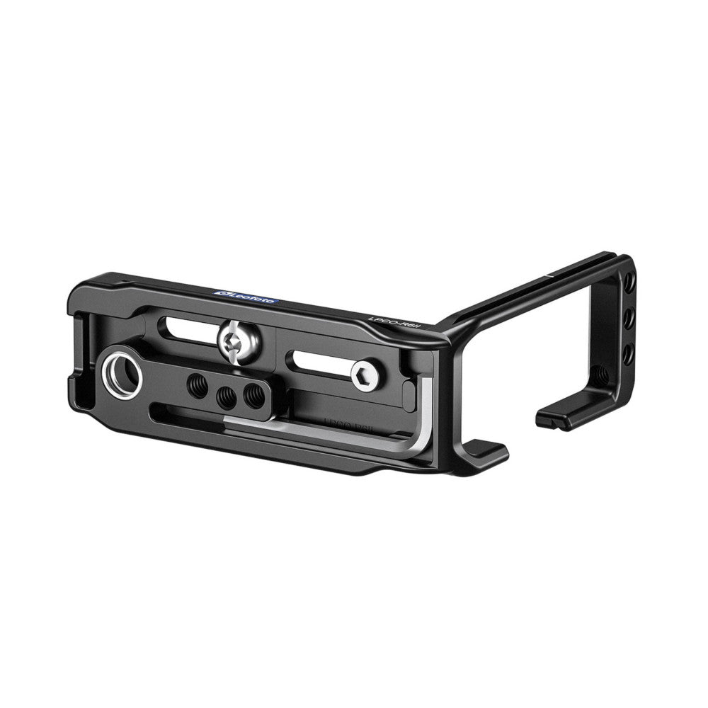 Black L-bracket with mounting plates and adjustment knobs shown from angled side view against white background.