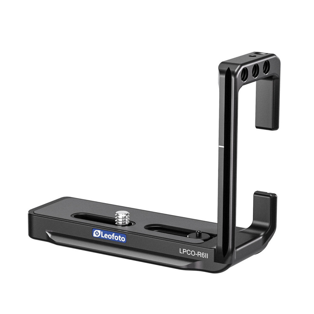 Black L-bracket with vertical and horizontal mounting plates, shown at an angle displaying the Leofoto branding and adjustment mechanisms.