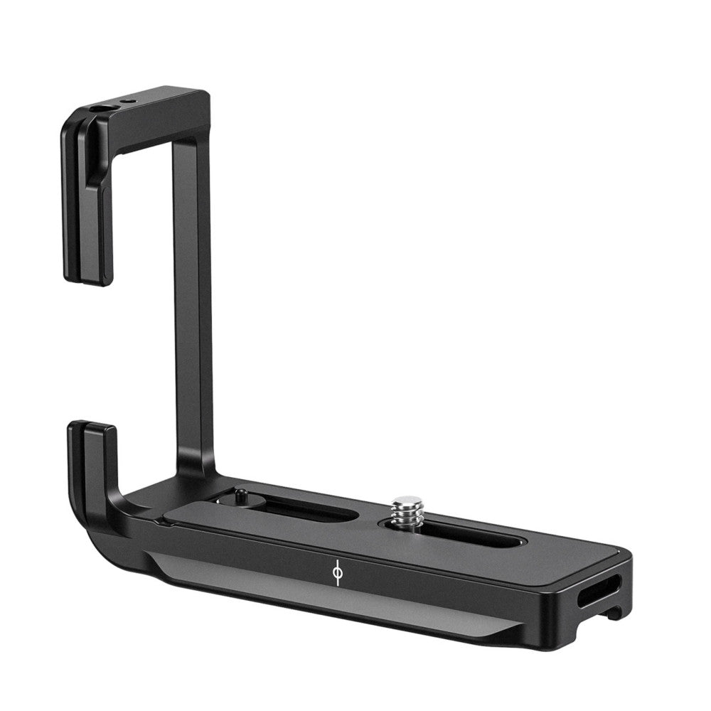 Black L-shaped camera bracket with vertical and horizontal arms, shown from a three-quarter angle view against a white background.