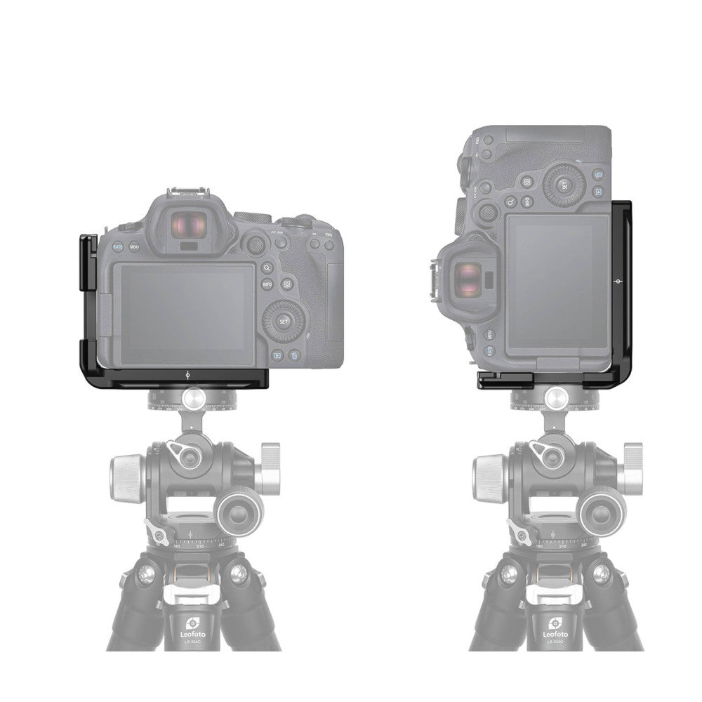 Two side-by-side comparison views showing an L-bracket mounted on a camera tripod head, displayed from front and side angles.