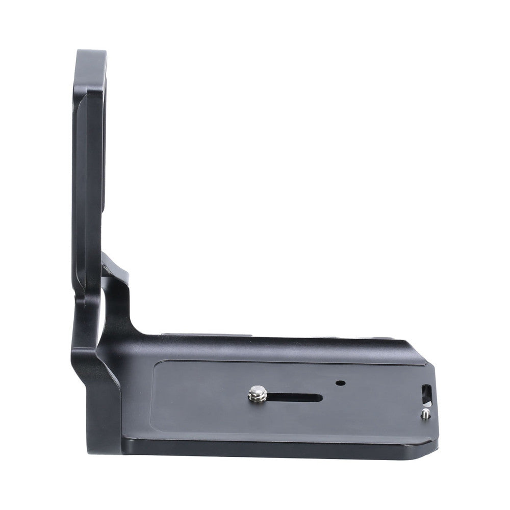 Side view of black L-bracket with vertical and horizontal arms, showing mounting plate with screw and attachment points.