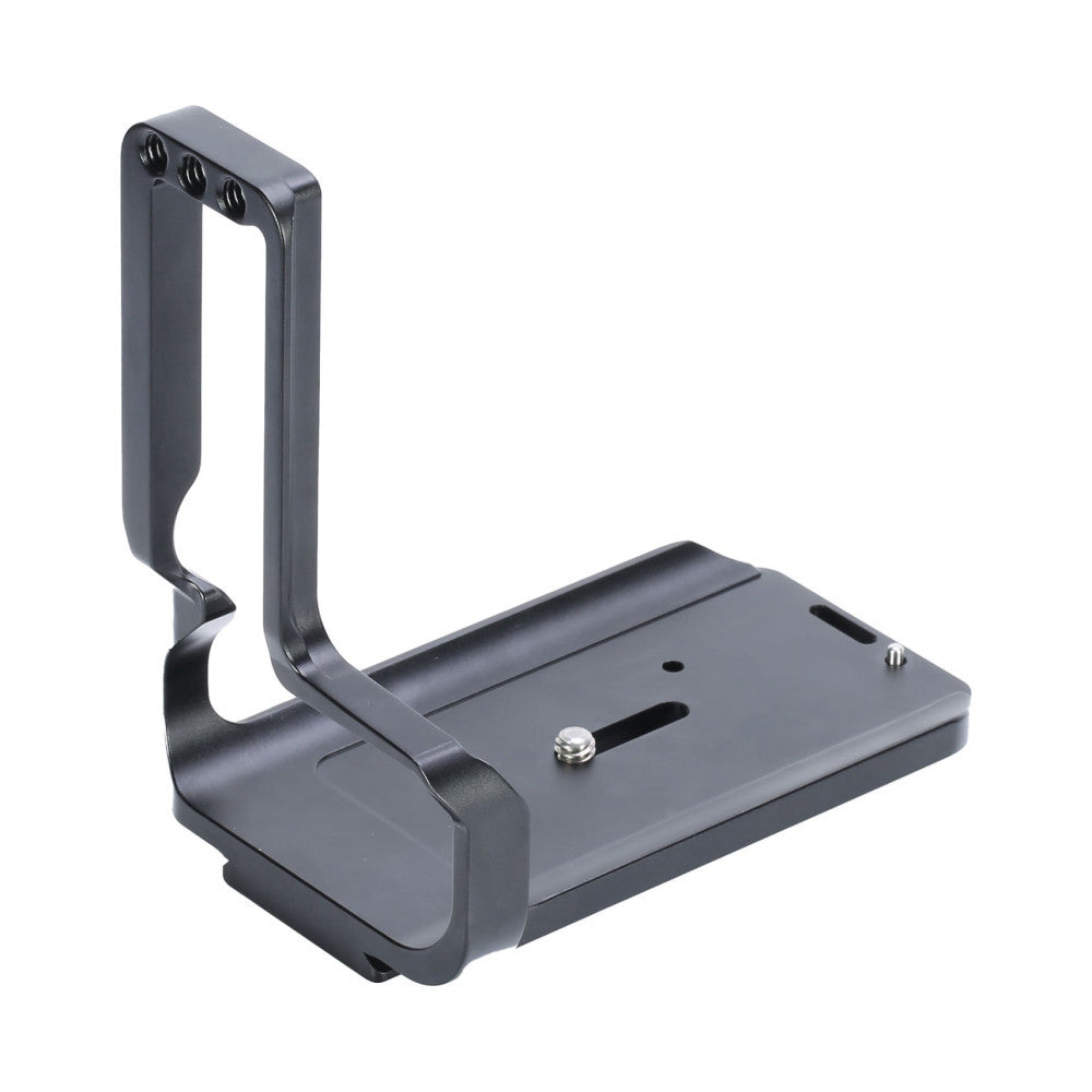 Black L-bracket with vertical handle and horizontal base plate, shown from isometric angle against white background.