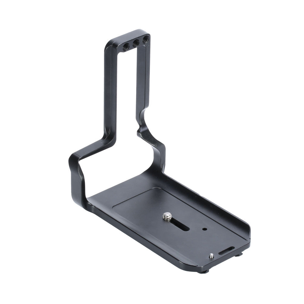 Black L-shaped camera bracket shown from a three-quarter angle, displaying the vertical mounting arm with holes and horizontal base plate with tripod socket.