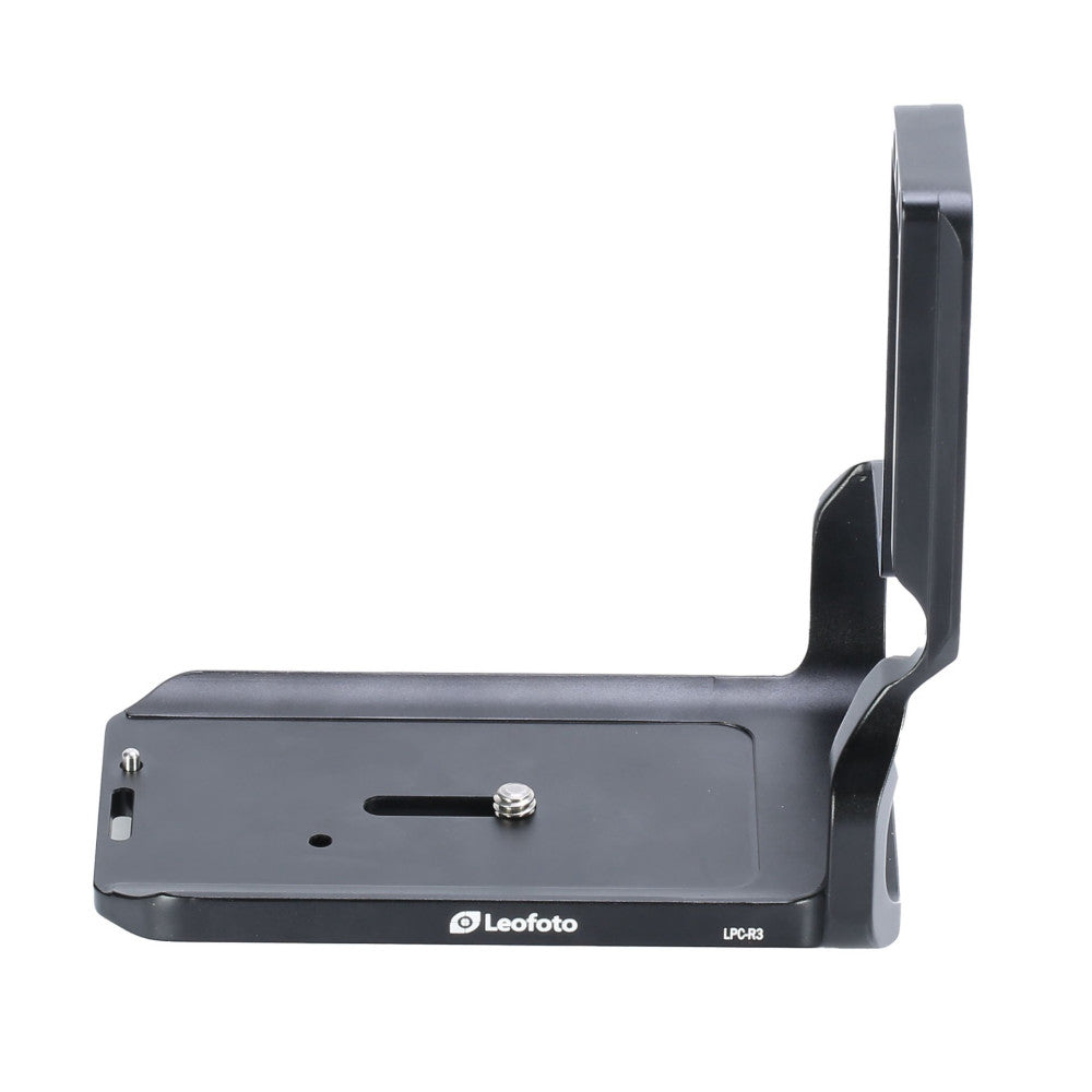 Black L-shaped camera bracket shown from the side, displaying the horizontal and vertical mounting plates with adjustment screw and Leofoto branding.