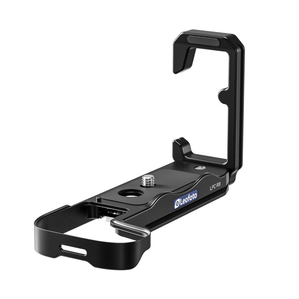Black L-bracket shown from angled side view displaying the vertical mounting plate, horizontal base plate, and 1/4-inch tripod socket.