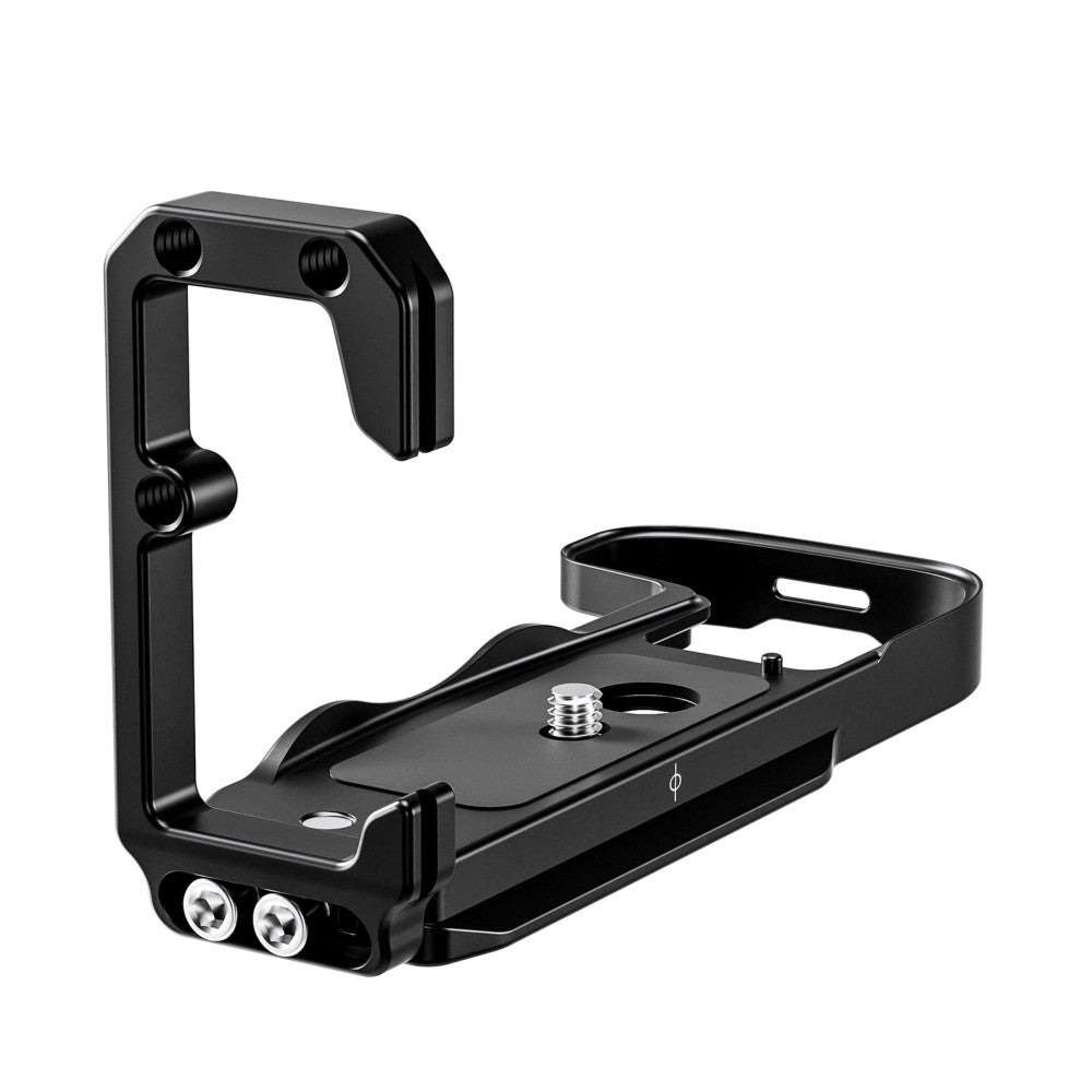 Black L-bracket assembly shown from angled view displaying vertical and horizontal mounting plates with adjustment knobs and tripod socket.