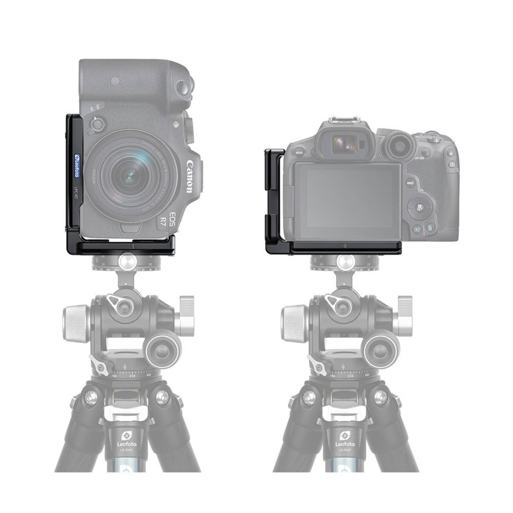 Two side-by-side views showing an L-bracket mounted on Canon cameras attached to tripod heads, demonstrating vertical and horizontal orientation configurations.