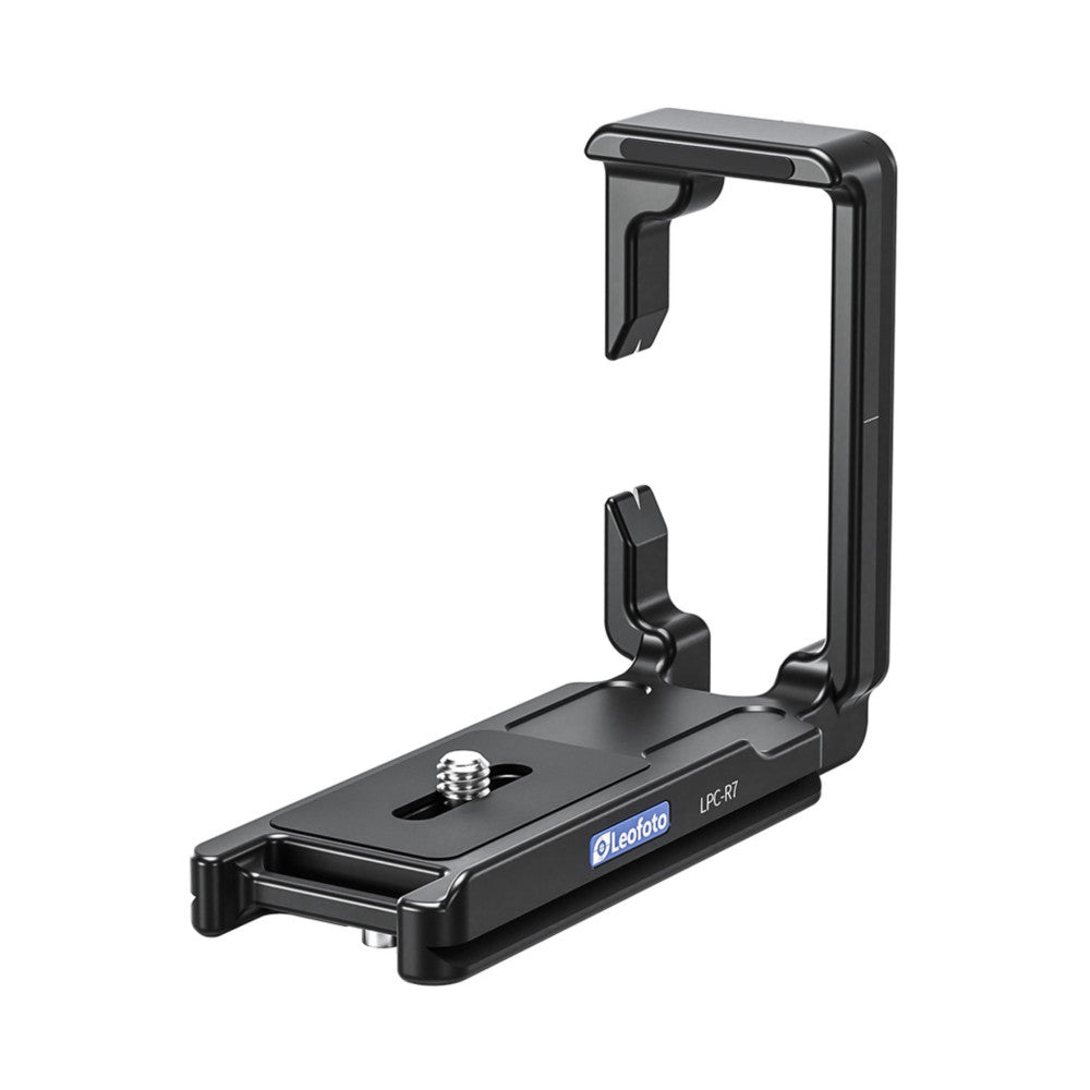 Black L-bracket with vertical grip extension and horizontal base plate, shown from a three-quarter angle against white background.