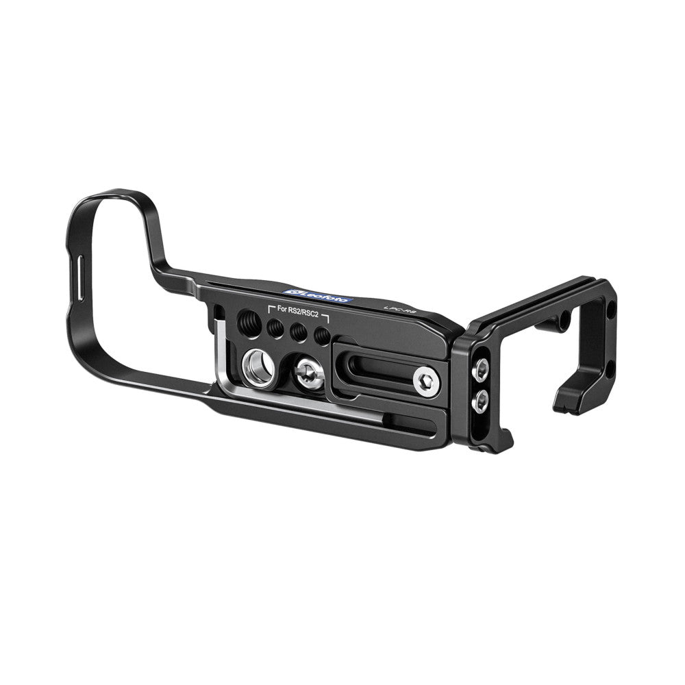 Black L-bracket with handles shown from the right side angle, displaying adjustment knobs and mounting points against white background.