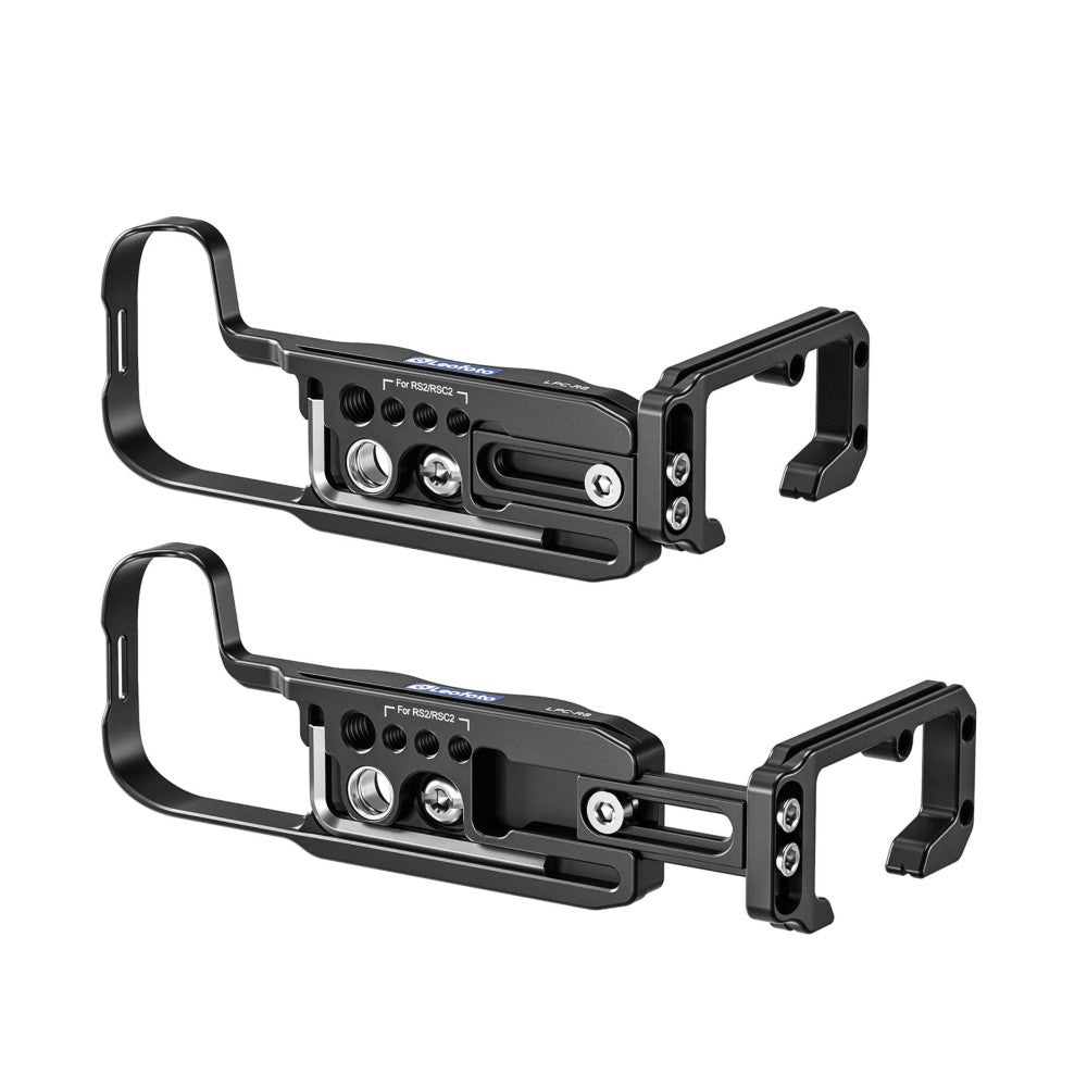 Two black L-brackets shown from side angle, displaying mounting knobs and adjustment mechanisms for Canon R7/R8 cameras.