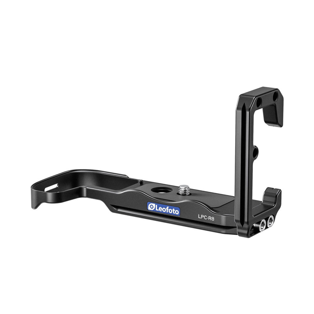 Black L-bracket for Canon R7/R8 camera shown at an angle against white background, displaying side-mounted quick-release plate and vertical grip extension.