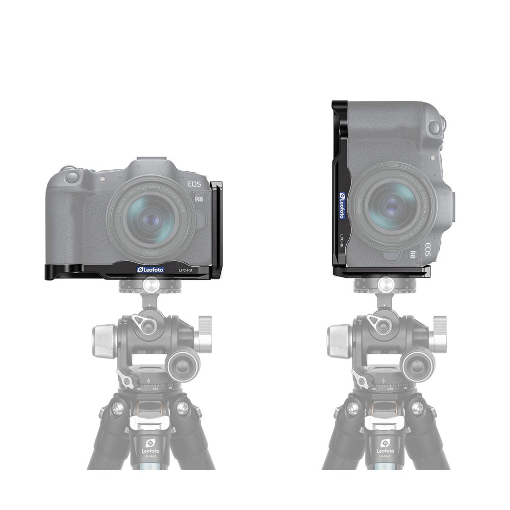 Two side-by-side views of a Canon EOS R8 camera mounted on a tripod head with a black L-bracket attachment shown from different angles.