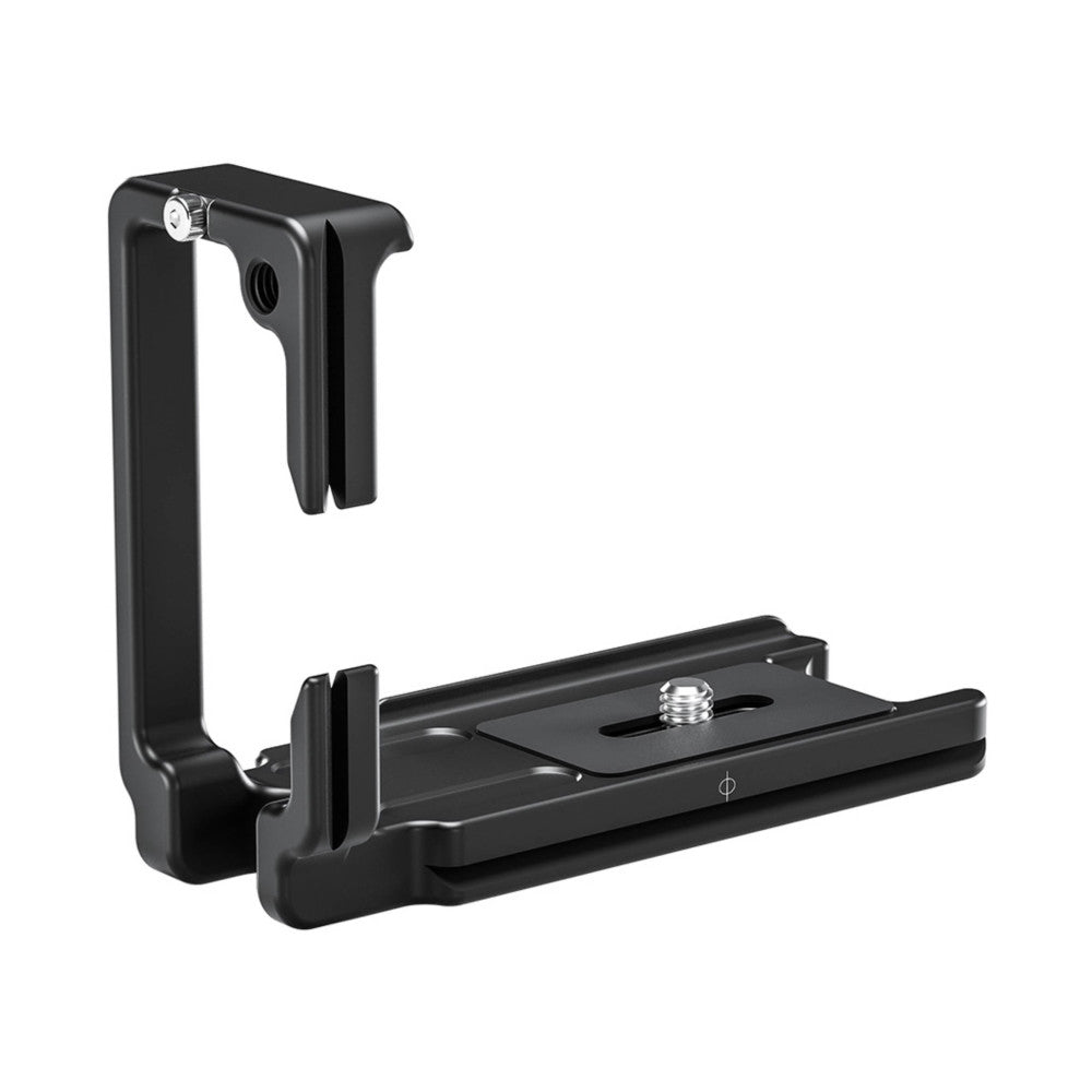 Black L-bracket assembly showing vertical grip and horizontal baseplate with mounting screw, displayed at three-quarter angle against white background.