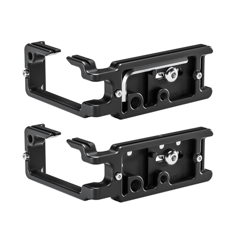 Two black L-bracket camera supports shown from different angles, displaying mounting plates and adjustment screws.