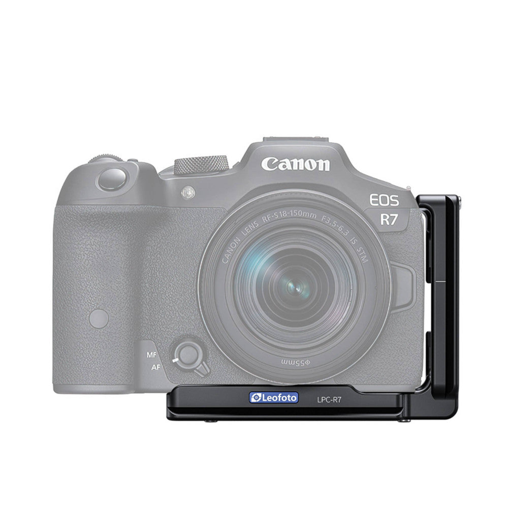 Canon EOS R7 camera with Leofoto LPC-R7 L-bracket mounted on right side, shown from front-facing angle against white background.