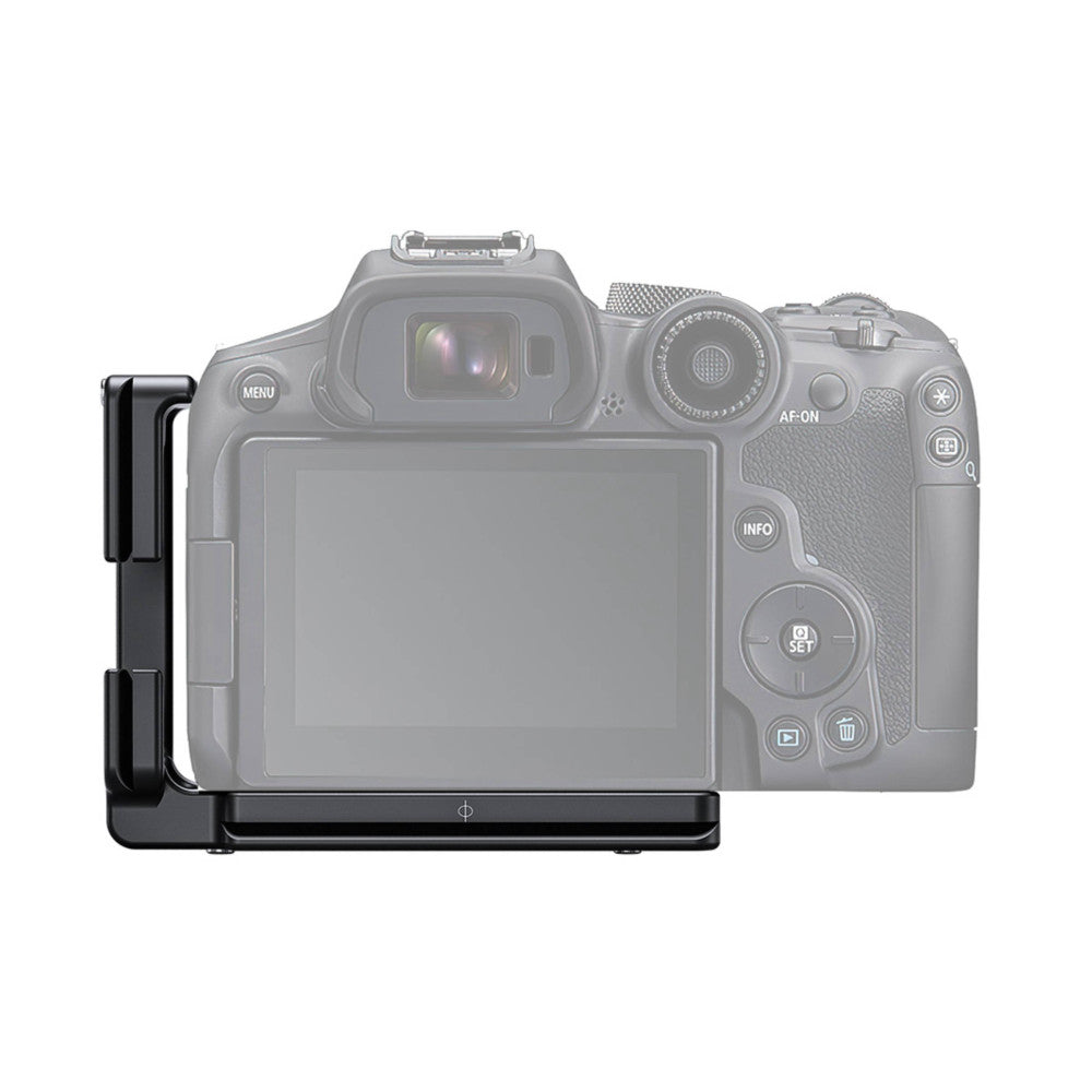 Black L-bracket mounted on left side of Canon R7 camera, rear view showing bracket profile and attachment point.