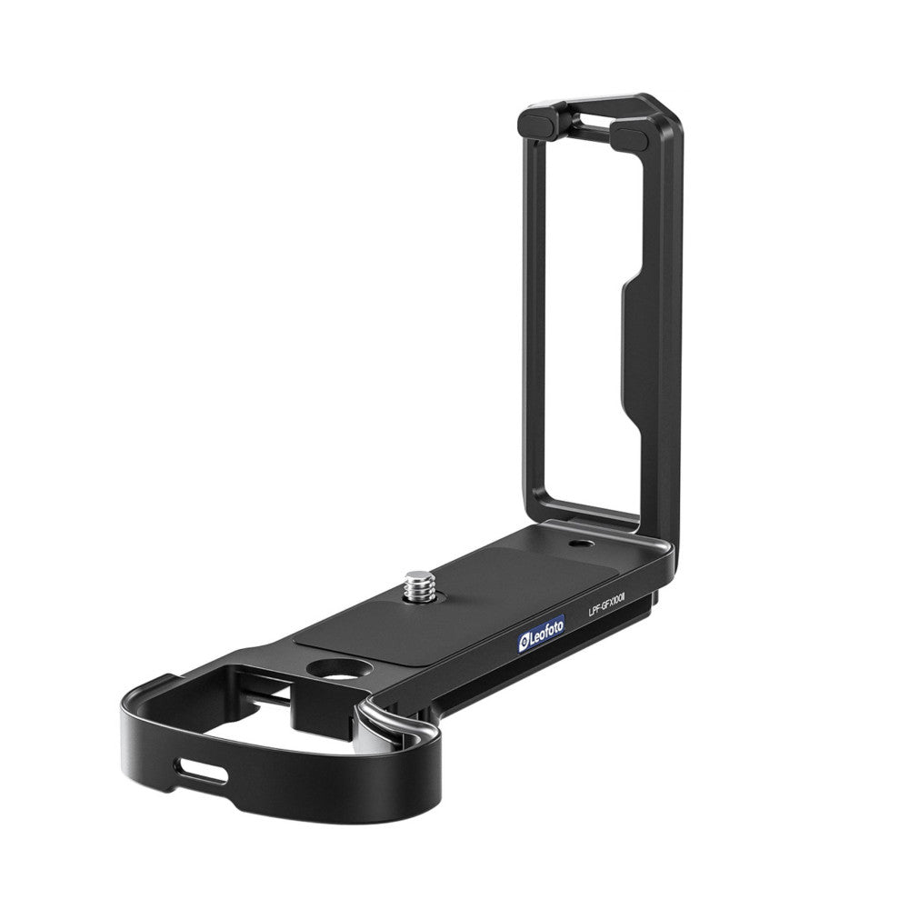 Black L-bracket shown from angled side view, displaying vertical arm with grip handles and horizontal base plate with mounting shoe.