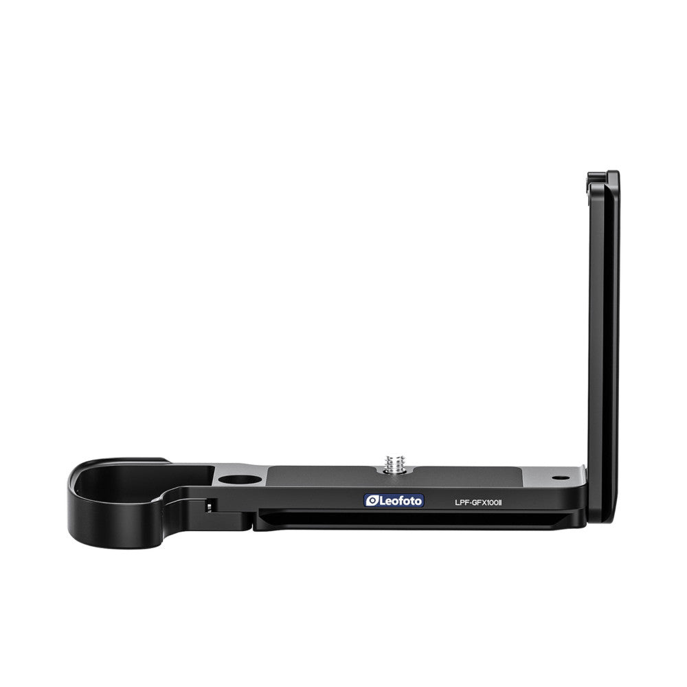 Side view of a black metal L-bracket with camera mounting plate and vertical grip extension against white background.