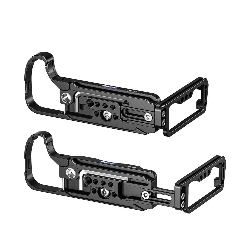 Two black L-brackets shown at different angles, displaying the mounting plate design with adjustment holes and handle configurations.