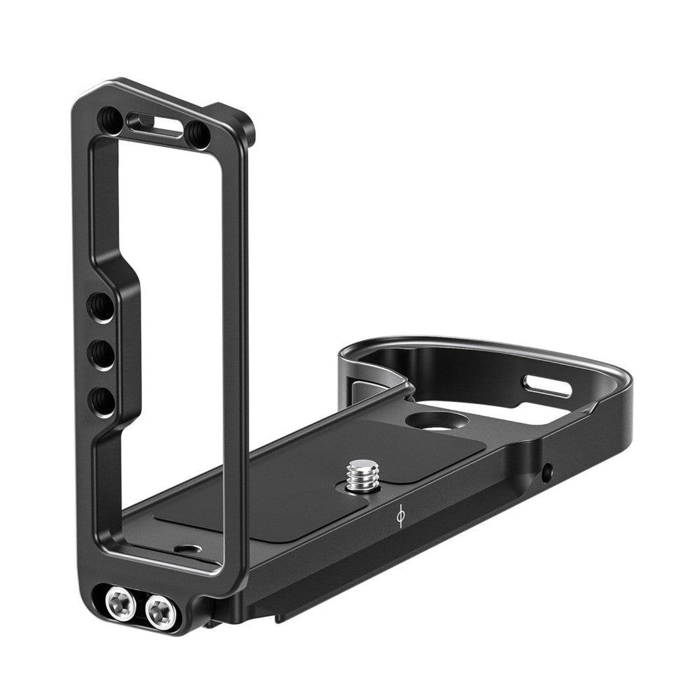 Black L-bracket with vertical and horizontal mounting plates, tripod socket, and adjustment holes, shown from angled perspective view.