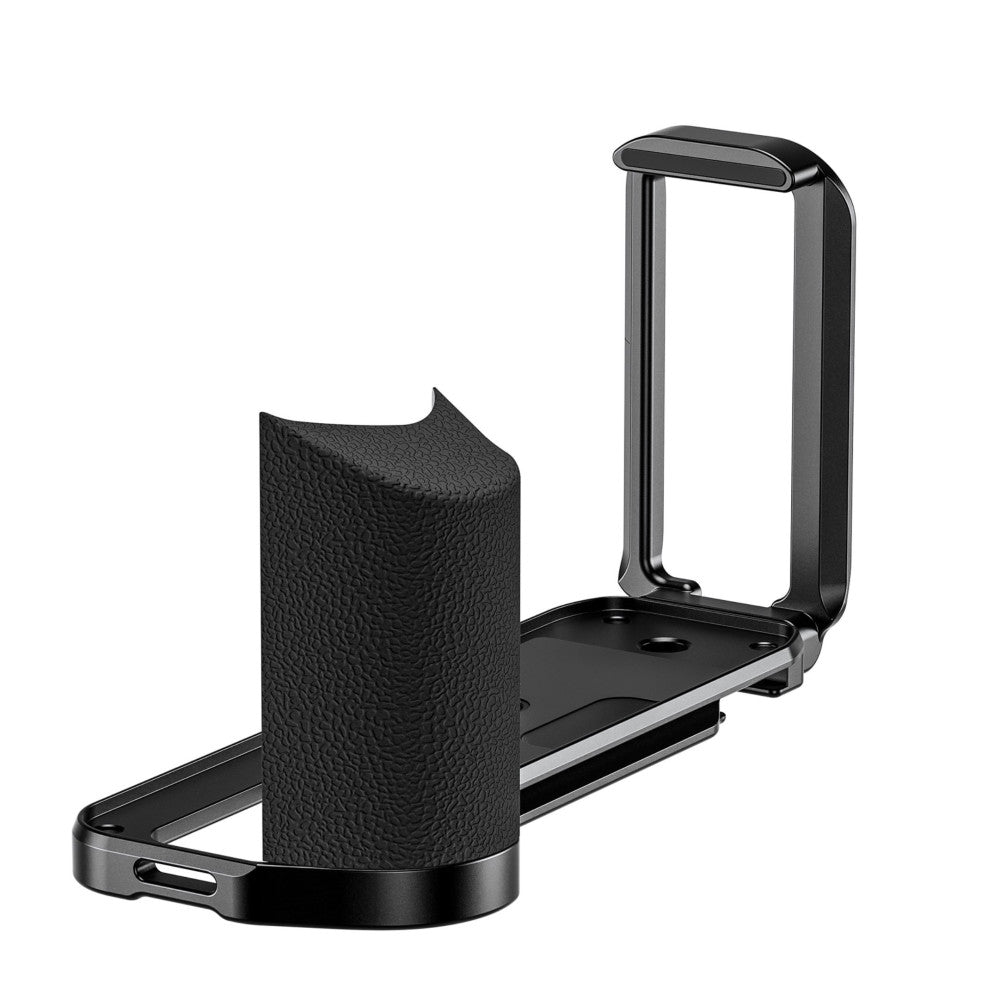 Black L-bracket shown from angled side view displaying the vertical grip handle, textured camera plate, and horizontal base rail against white background.