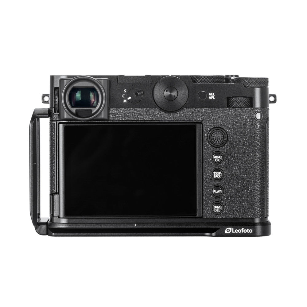 Rear view of a black Leofoto L-bracket mounted on a Fujifilm GFX100RF camera, showing the LCD screen and control buttons.