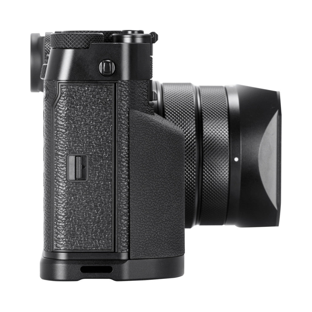 Black L-bracket mounted on Fujifilm GFX100RF camera, shown from right side view with lens attached.
