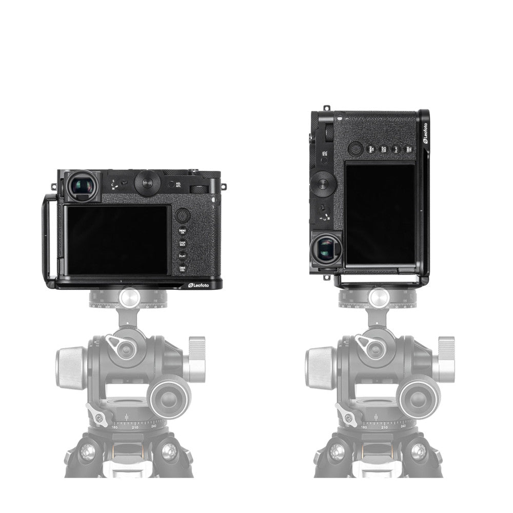 Two views of a black L-bracket mounted on a tripod head, showing front and rear angles of the camera plate attachment system.