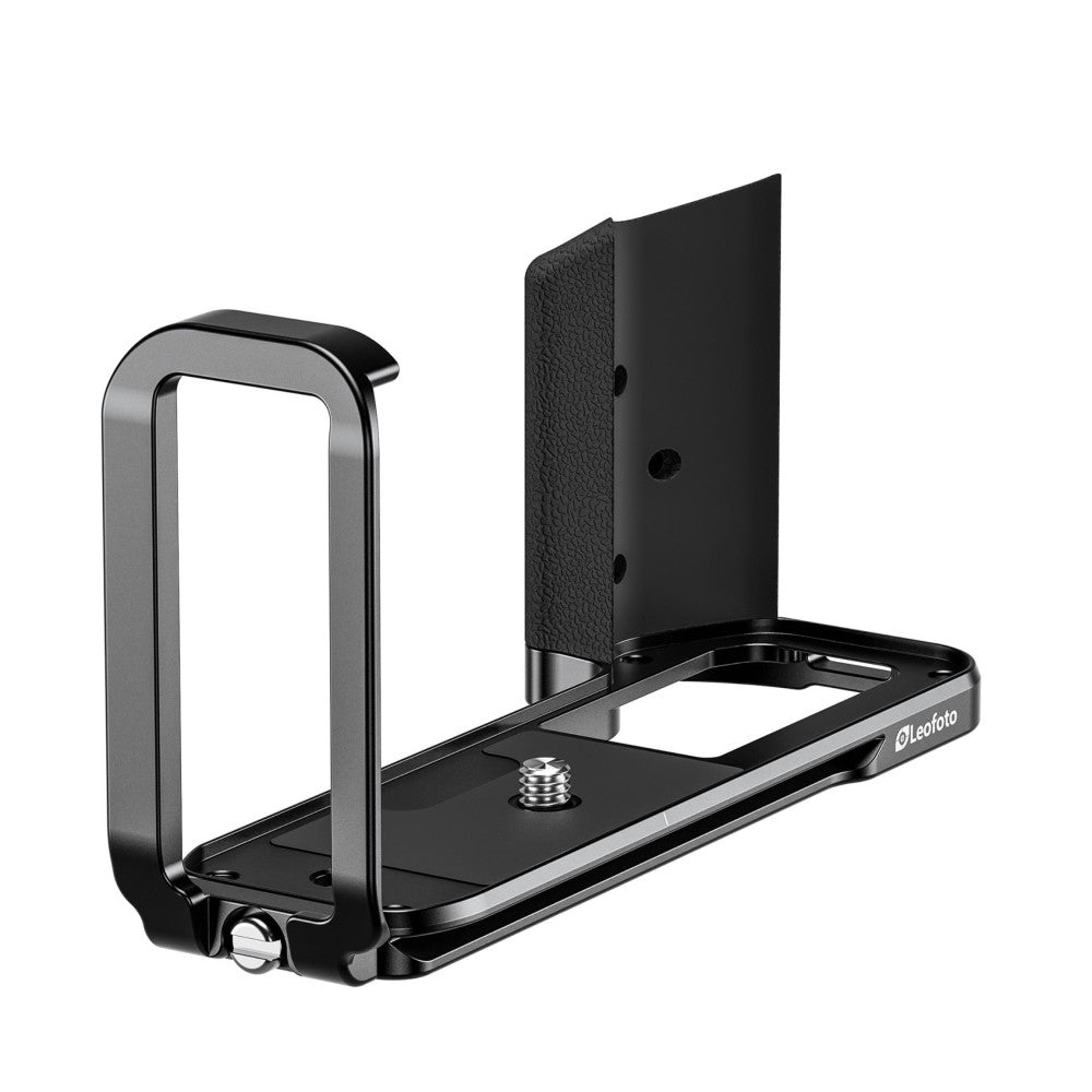 Three-quarter view of a black metal L-bracket with vertical and horizontal arms, featuring attachment points and a textured grip panel.